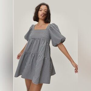 Nasty Gal Petite Puff Sleeve Gingham Smock Mini Dress